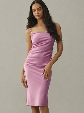 Anthropologie Bhldn Emery Square-Neck Stretch Satin Midi Dress, Orchid, S